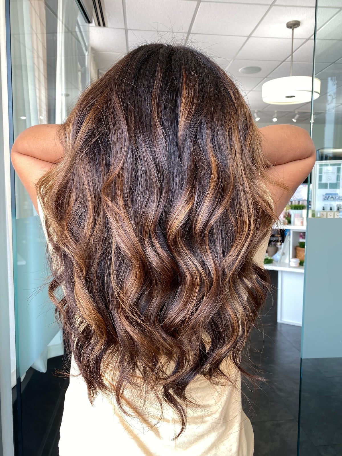 Back View Long Brown With Caramel Highlights — Caramel Balayage