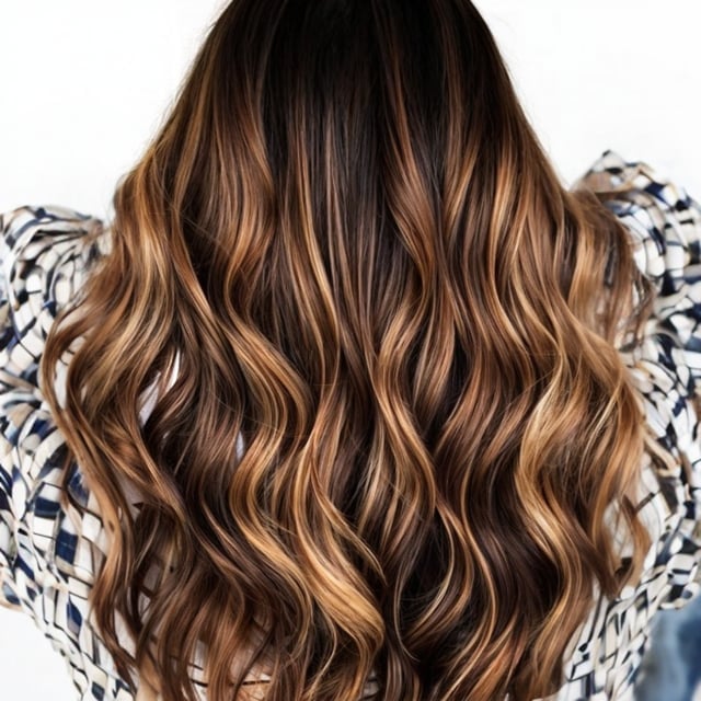 Back View Dark Brown With Caramel Balayage