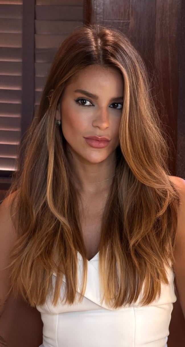 Mid-Back Warm Chestnut With Caramel Balayage