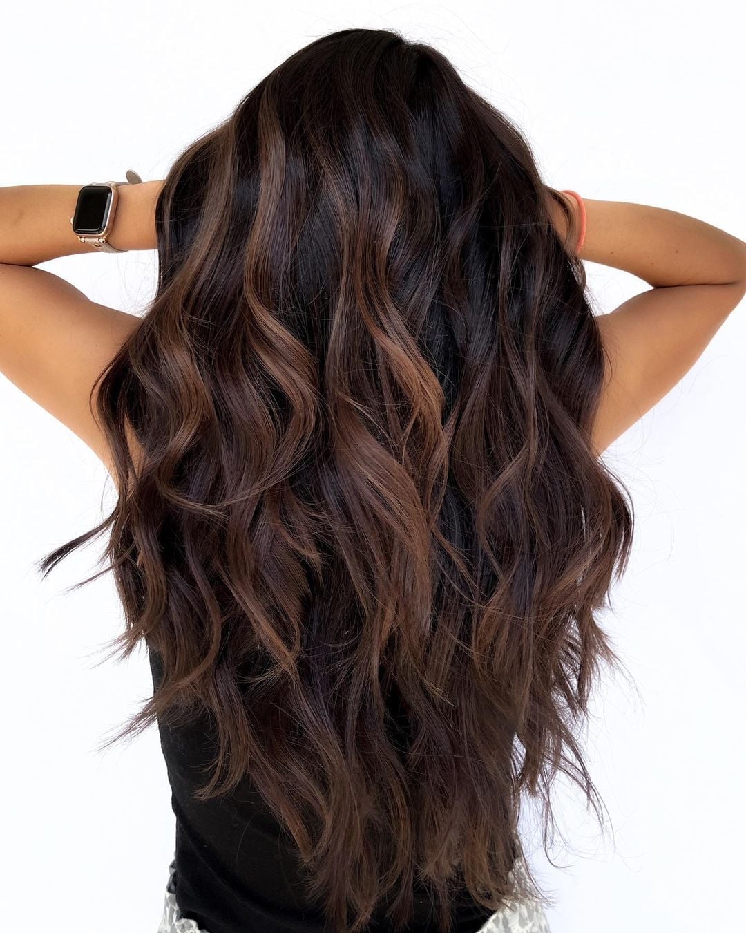 Back View Long Dark Brown With Caramel Balayage, Wavy