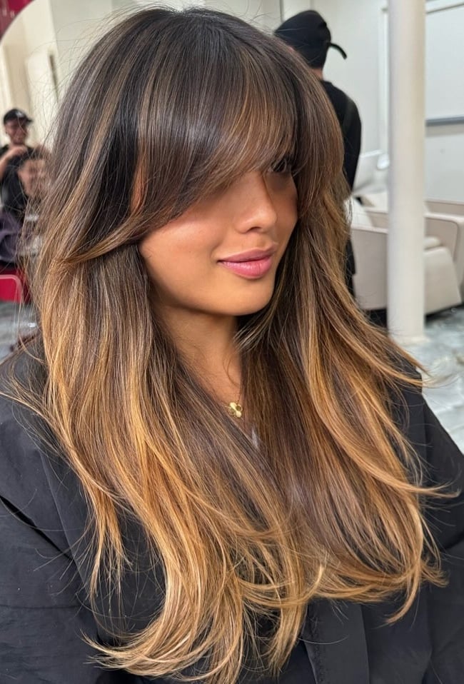 Collarbone Dark Brown To Caramel Balayage With Curtain Bangs