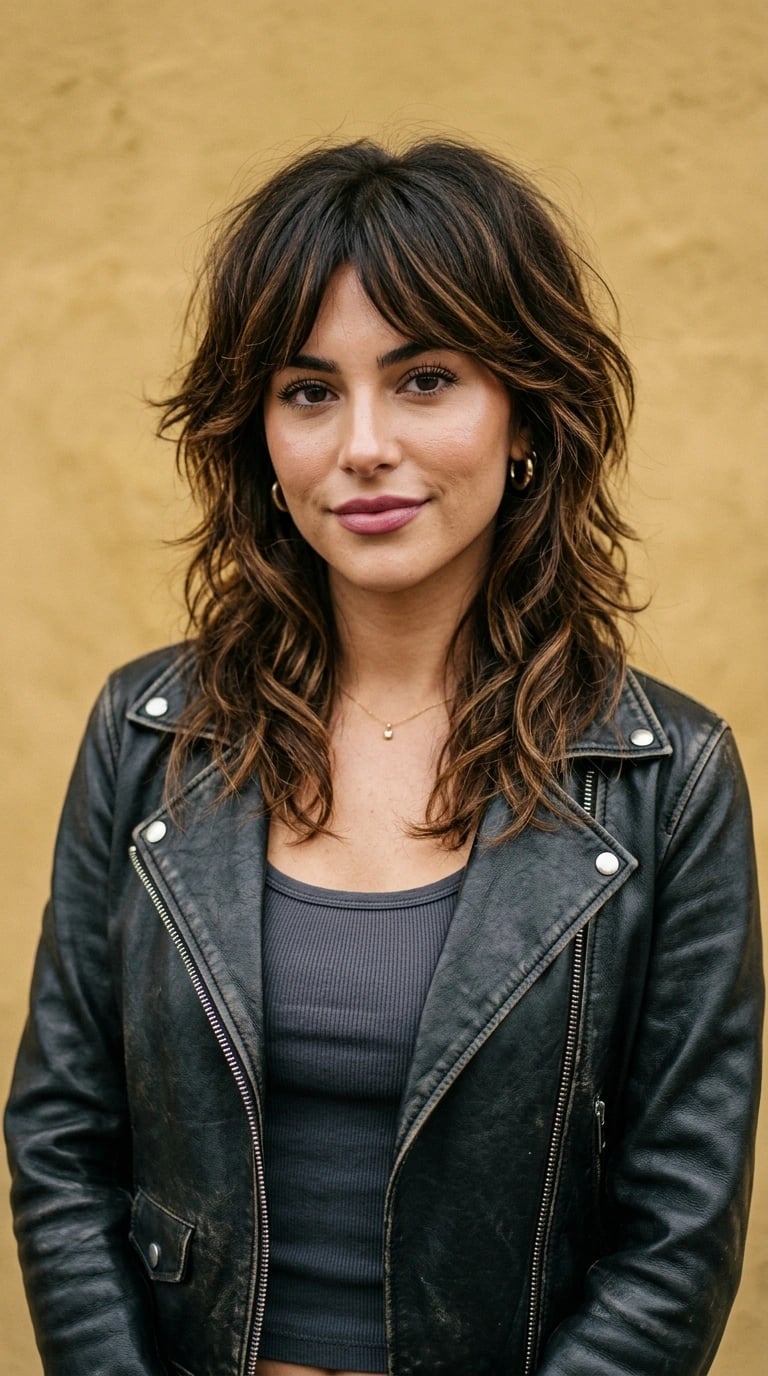 Mid-Back Dark Brown With Rich Caramel Balayage, Wavy