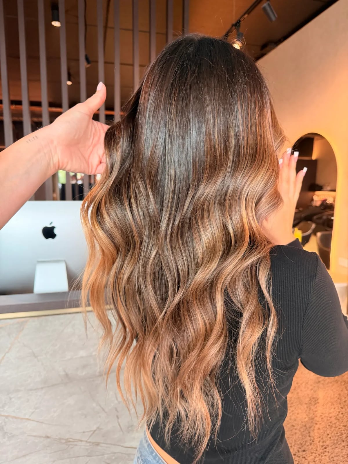 Mid-Back Dark Brown With Caramel and Honey Balayage, Layers — Caramel Balayage