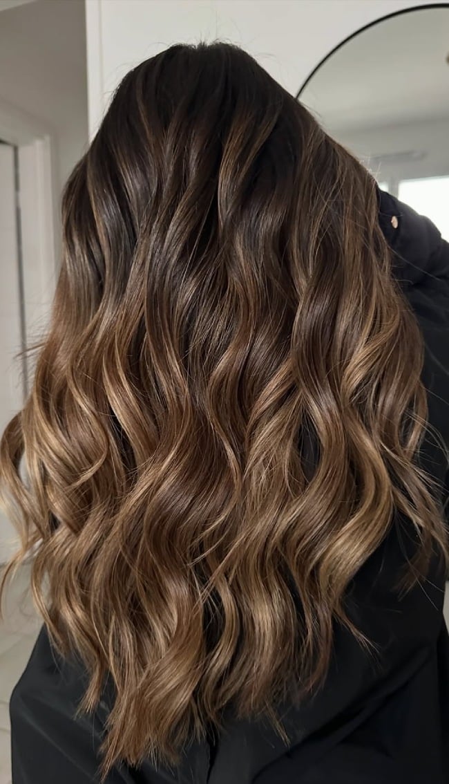 Long Espresso Brown With Beige Caramel Balayage