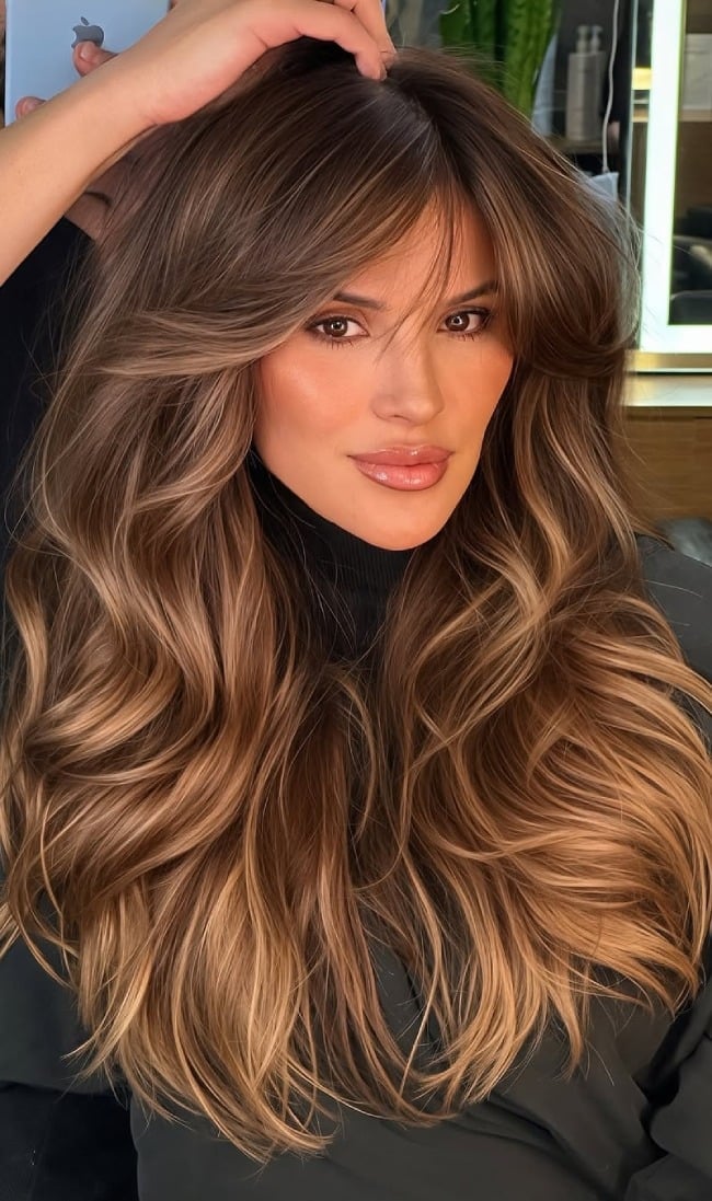Long Chocolate Base With Caramel and Honey Balayage — Caramel Balayage