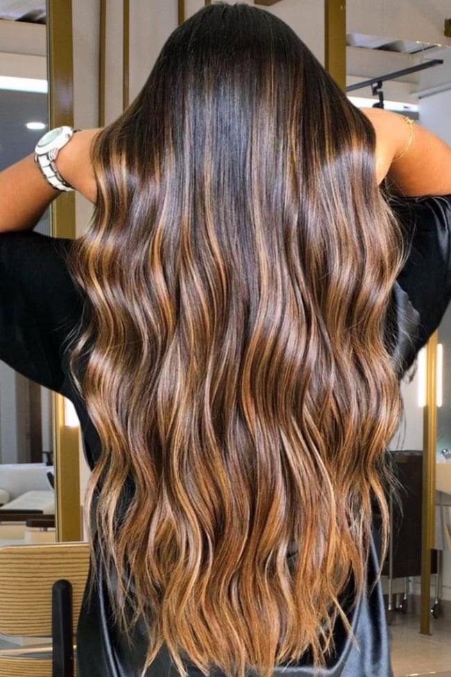 Long Brunette With Seamless Caramel Balayage Long Brunette With Seamless Caramel Balayage — Caramel Brown Hair