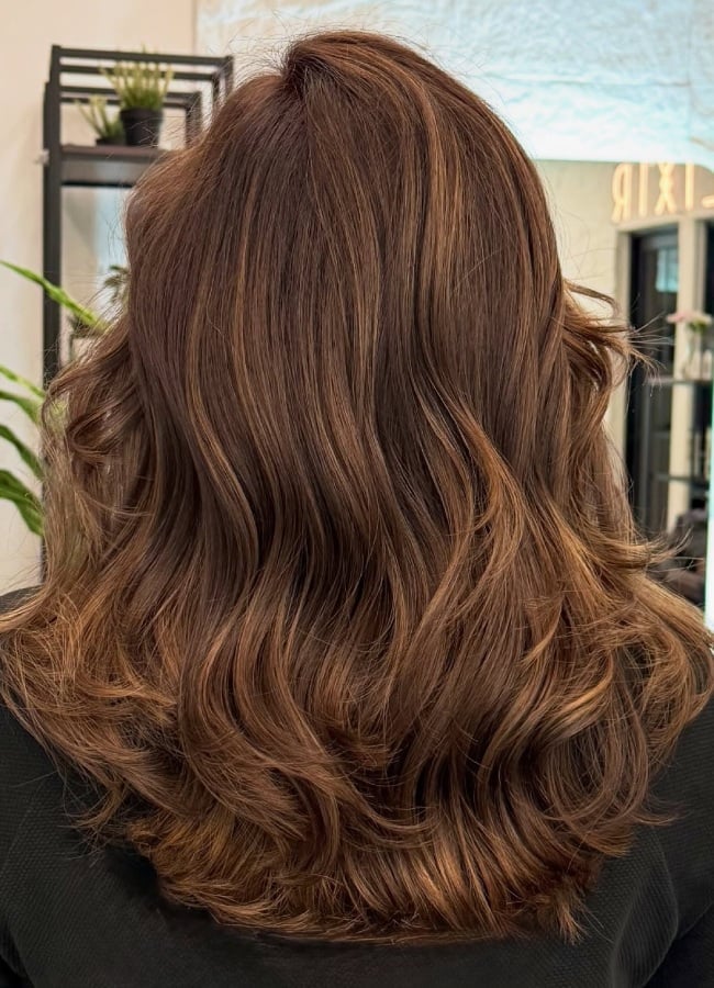 Mid-Back Brown With Caramel Tones and Soft Waves Mid-Back Brown With Caramel Tones and Soft Waves — Caramel Brown Hair