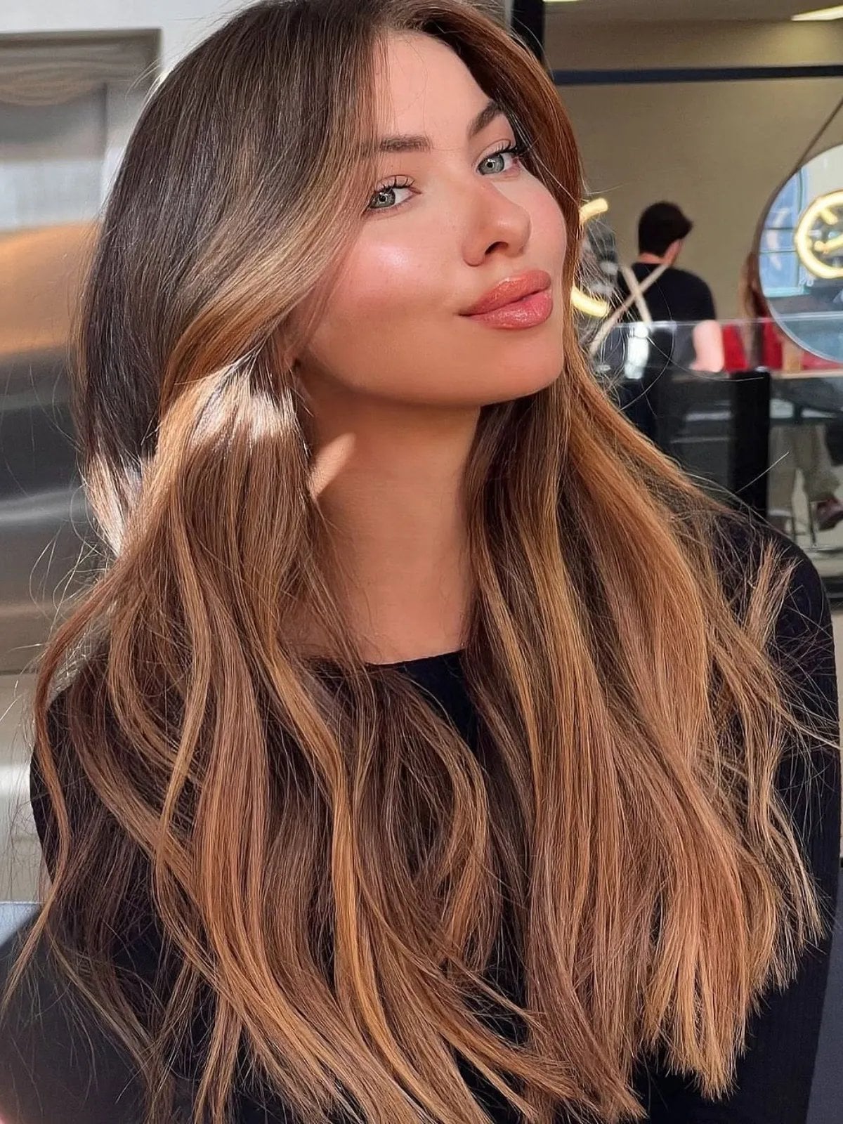 Mid-Back Dark Brown With Numerous Caramel Highlights Mid-Back Dark Brown With Numerous Caramel Highlights — Caramel Brown Hair