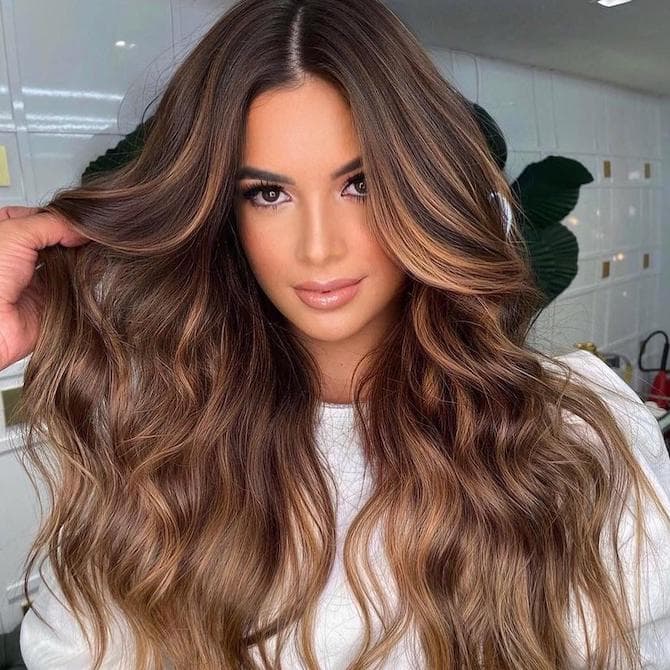 Shoulder-Length Brown With Caramel Highlights and Curtain Bangs Shoulder-Length Brown With Caramel Highlights and Curtain Bangs — Caramel Brown Hair