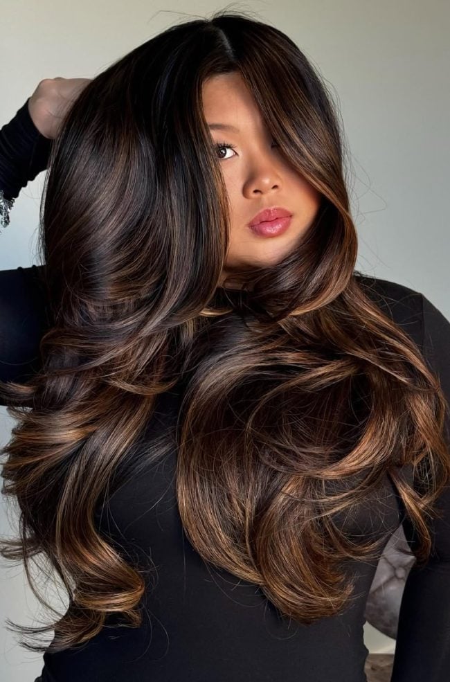 Long Chocolate Brown With Caramel Balayage and Face-Framing Long Chocolate Brown With Caramel Balayage and Face-Framing — Caramel Brown Hair