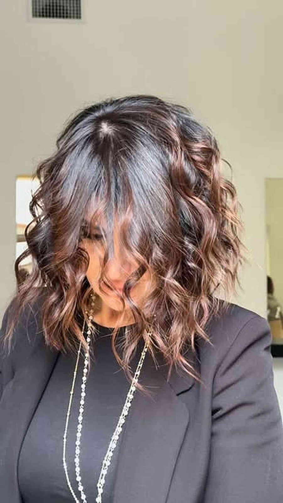 Collarbone Lob With Caramel Highlights and Curtain Bangs, Middle Collarbone Lob With Caramel Highlights and Curtain Bangs, Middle — Caramel Brown Hair