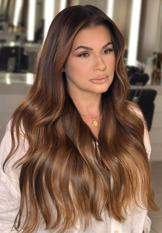 Medium Brown With Caramel Highlights and Long Layers Medium Brown With Caramel Highlights and Long Layers — Caramel Brown Hair