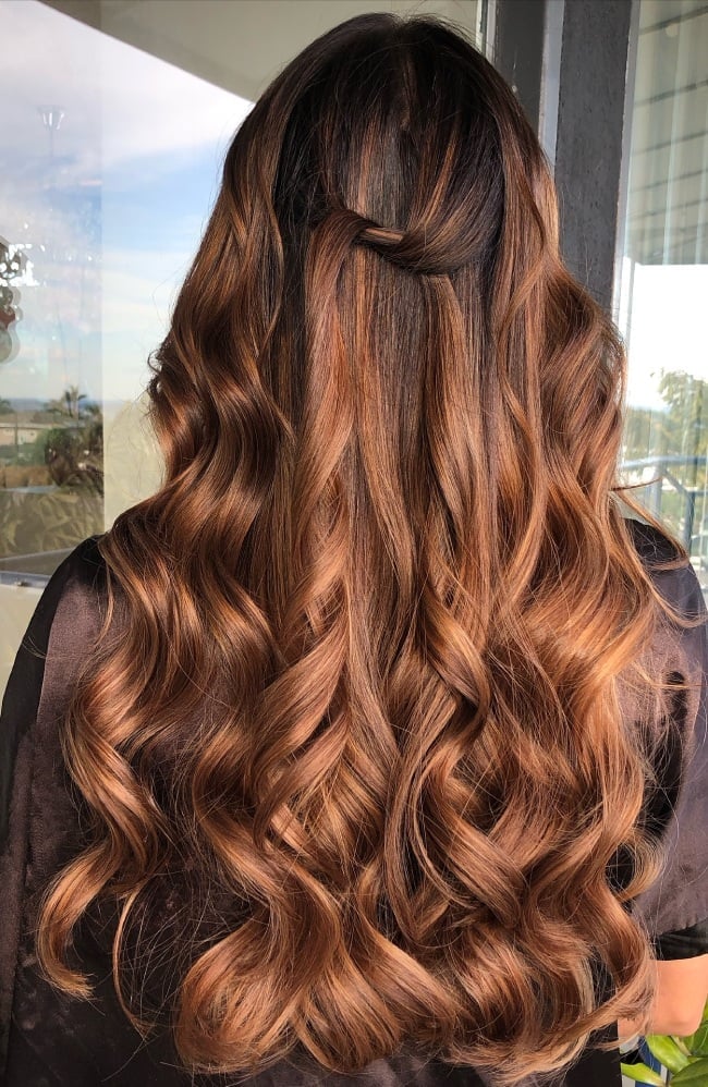 Mid-Back Warm Caramel Brown Balayage Mid-Back Warm Caramel Brown Balayage — Caramel Brunette