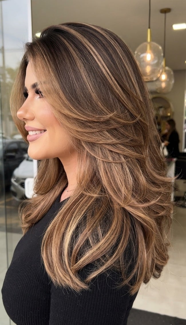 Collarbone Length Layers With Caramel Balayage Collarbone Length Layers With Caramel Balayage — Caramel Brunette