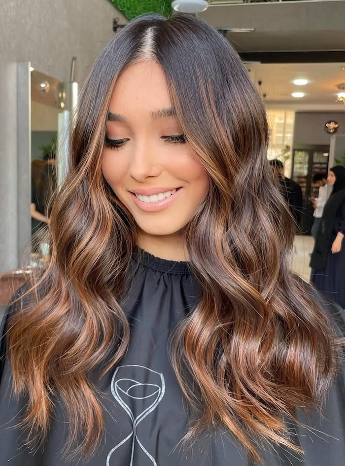 Mid-Back Espresso Brunette With Molten Caramel Balayage Mid-Back Espresso Brunette With Molten Caramel Balayage — Caramel Brunette