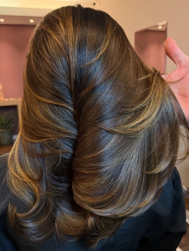Mid-Back Dark Brunette With Caramel Balayage And Blowout Mid-Back Dark Brunette With Caramel Balayage And Blowout — Caramel Brunette