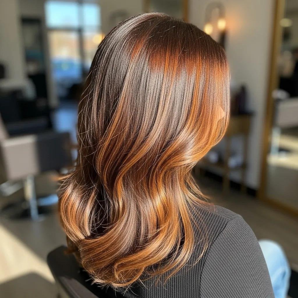 Shoulder Length Brown With Copper Caramel Highlights Shoulder Length Brown With Copper Caramel Highlights — Caramel Brunette