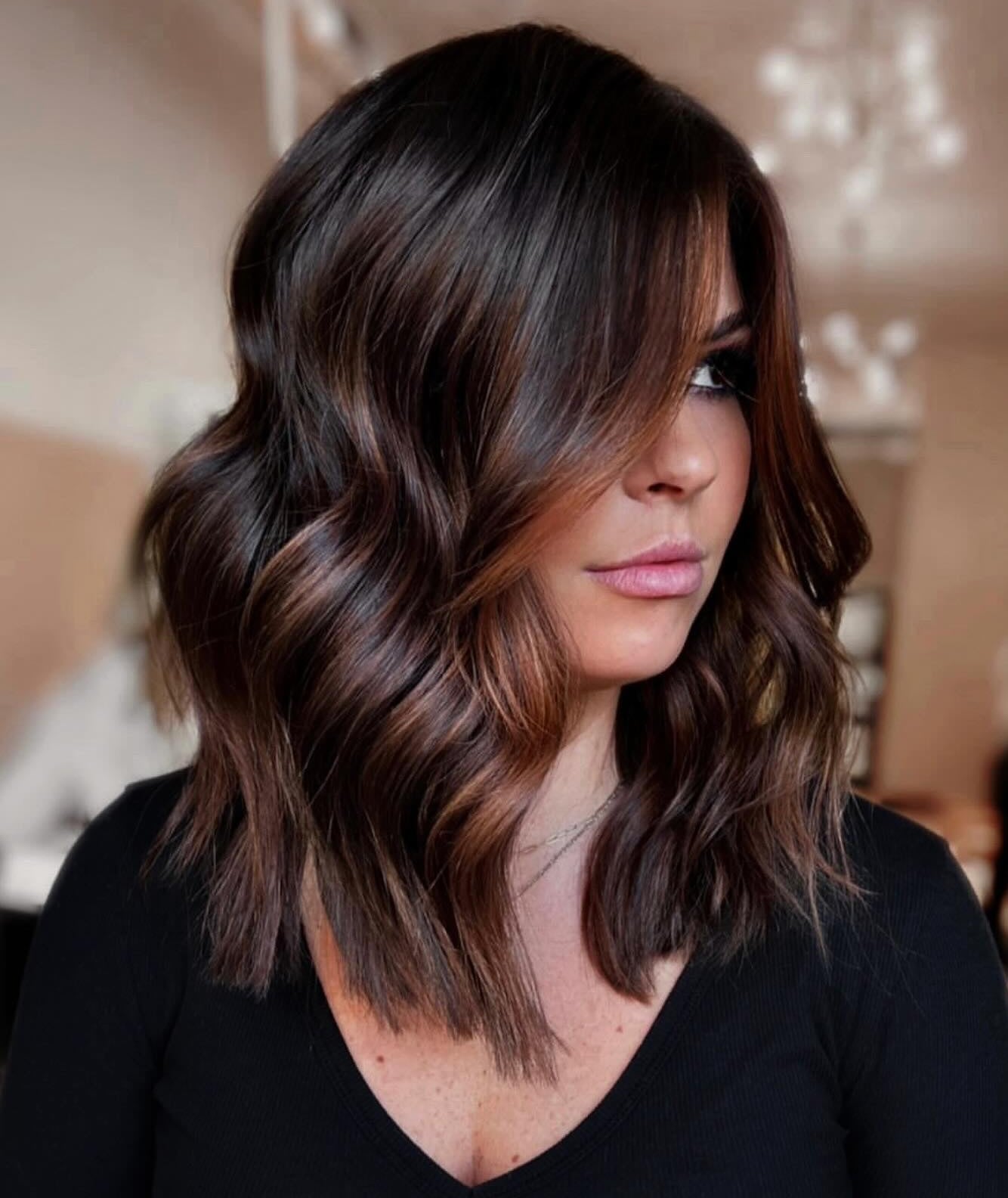 Dark Brown Lob With Subtle Caramel Highlights Dark Brown Lob With Subtle Caramel Highlights — Caramel Brunette