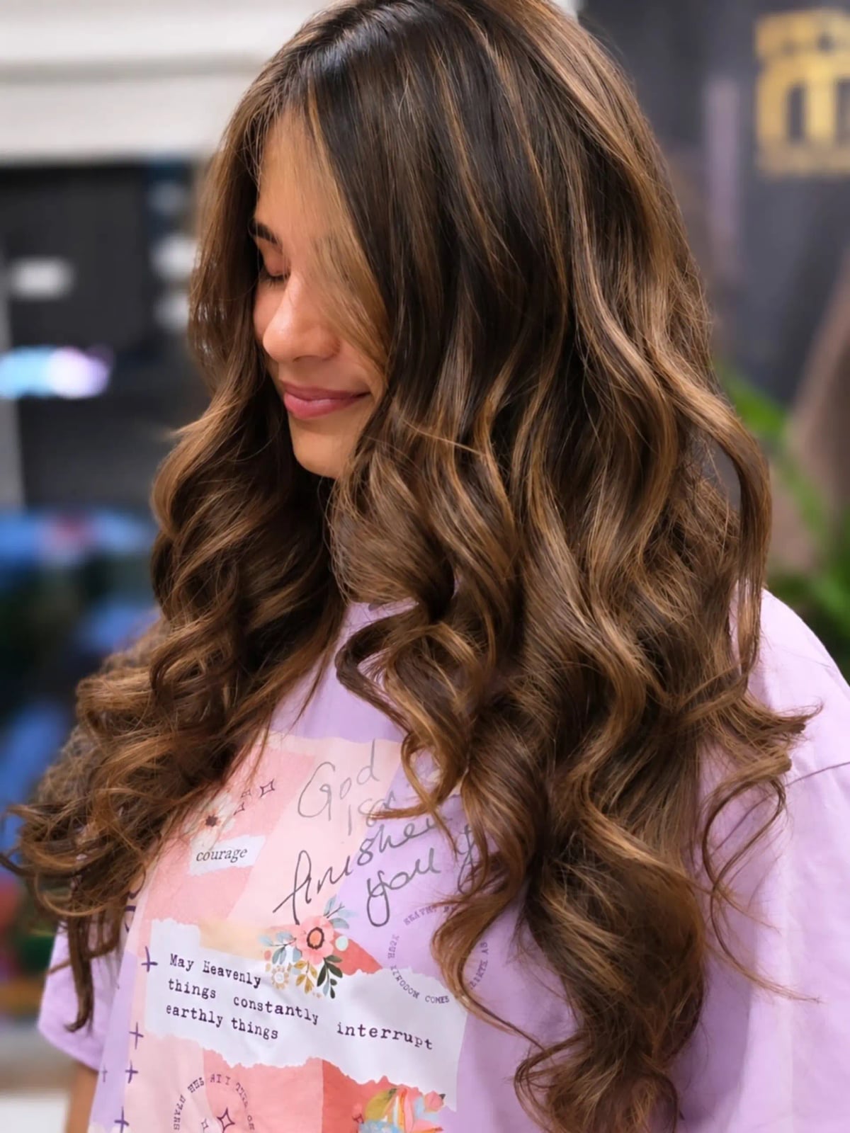 Collarbone Length With Caramel Highlights And Bangs