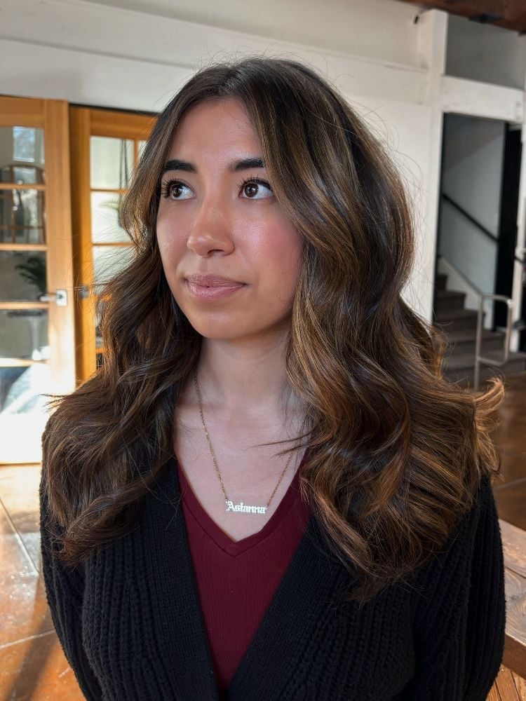 Shoulder Length Brown With Caramel Bangs — Caramel Highlights