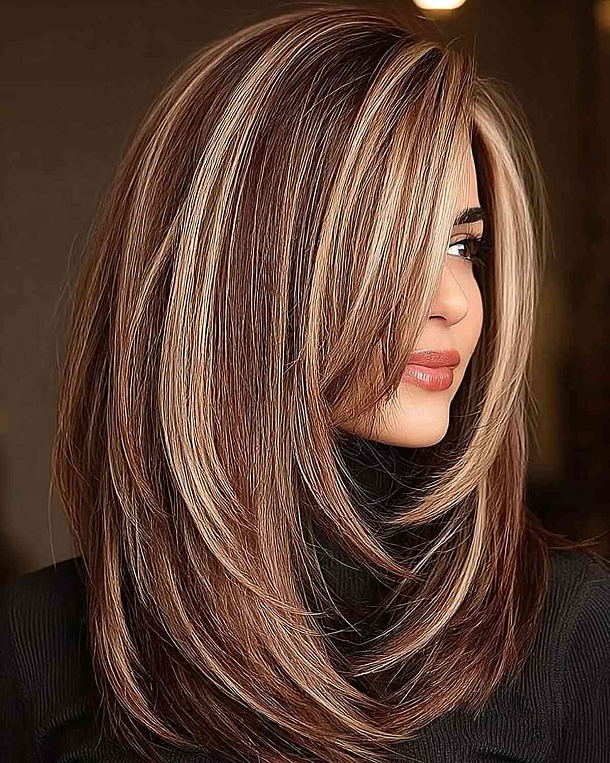 Mid-Back Dark Brown With Caramel Waves, Middle — Caramel Highlights