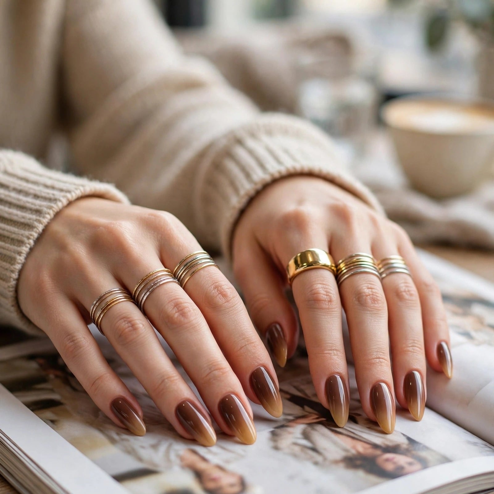 Long Almond Glossy Caramel Nude Ombre Nails — Caramel Nails