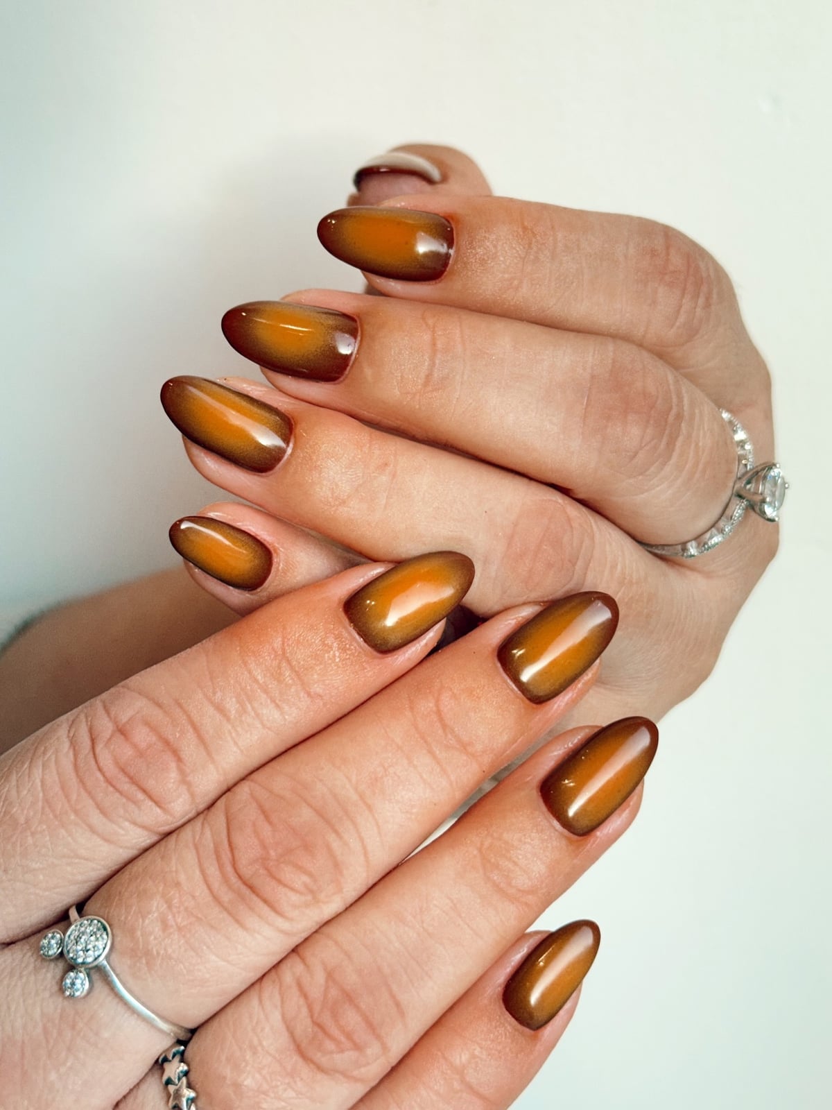 Medium Almond Glossy Caramel Brown Ombre Nails — Caramel Nails