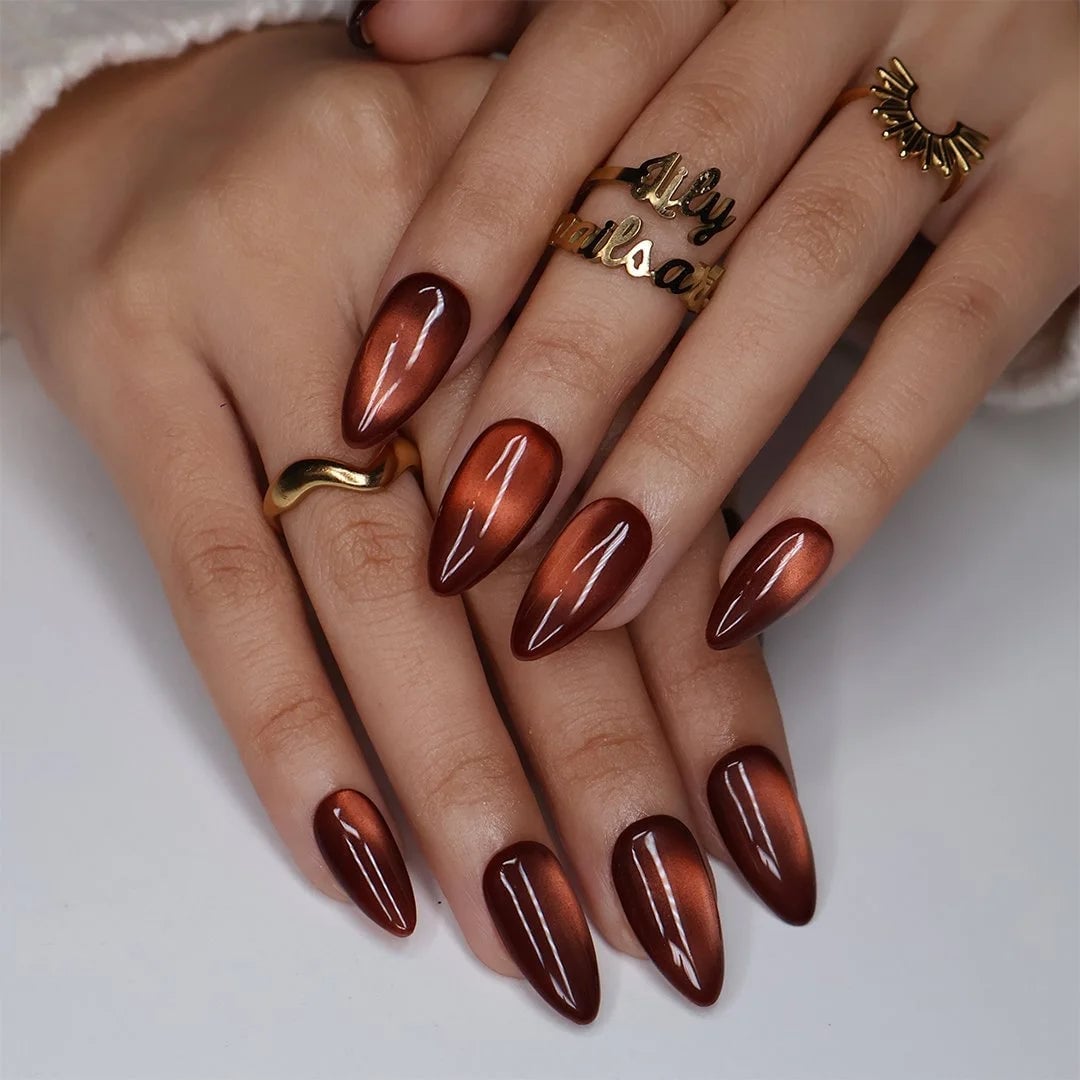 Long Almond Deep Brown Copper Cat Eye Nails — Caramel Nails