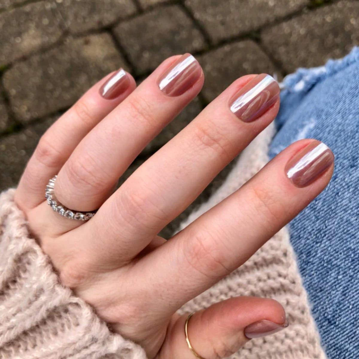 Short Square Caramel Chrome Stripe Nails — Caramel Nails