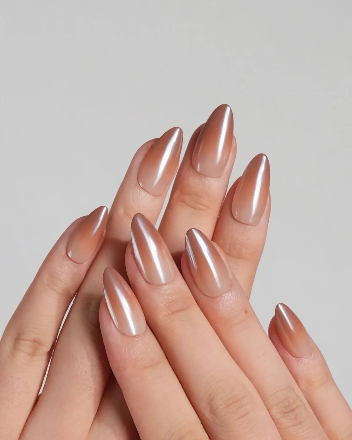 Medium Almond Sheer Nude Light Caramel Chrome Nails — Caramel Nails