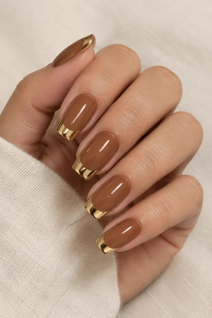 Short Square Medium Brown Gold French Tip Nails — Caramel Nails