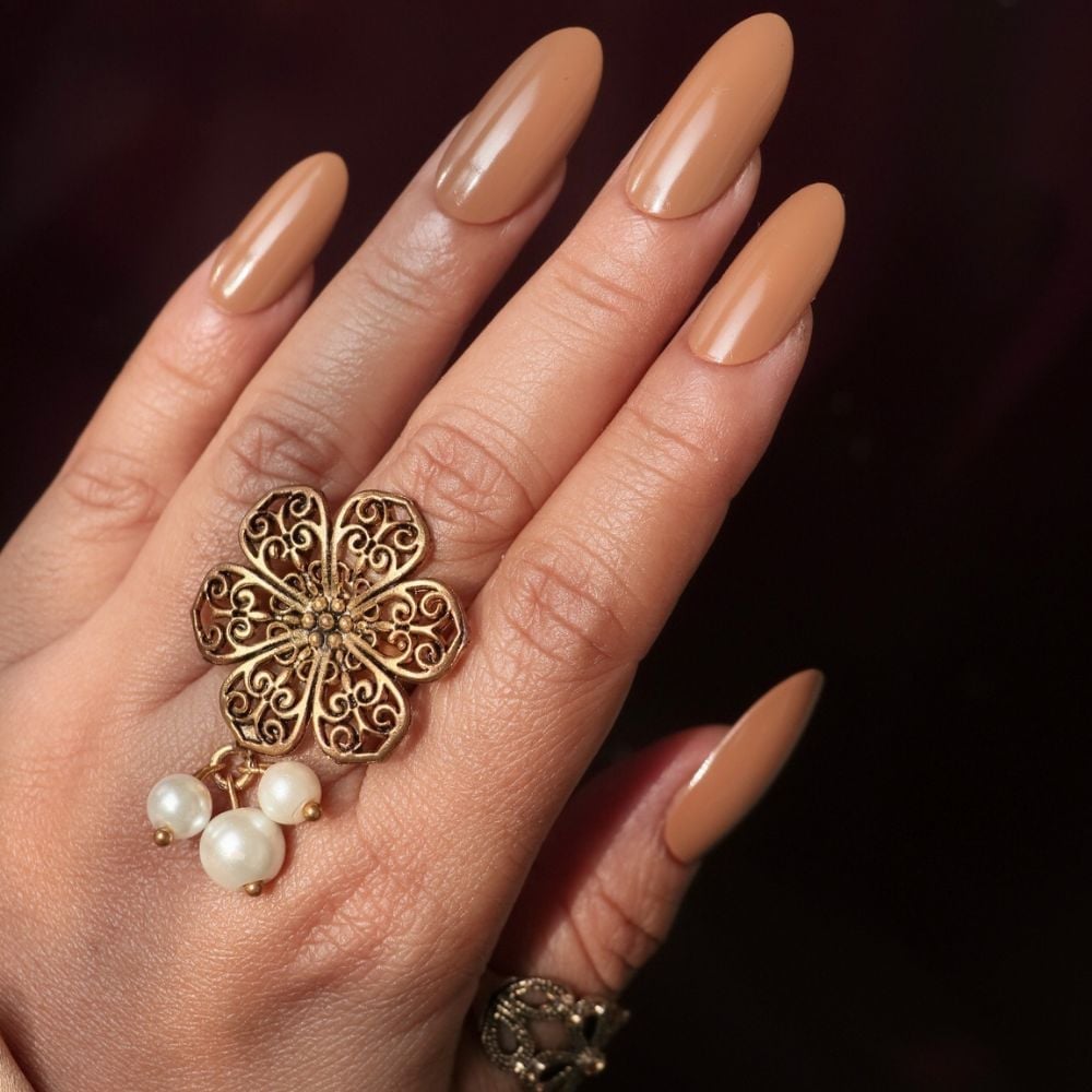 Long Almond Solid Glossy Caramel Brown Nails — Caramel Nails
