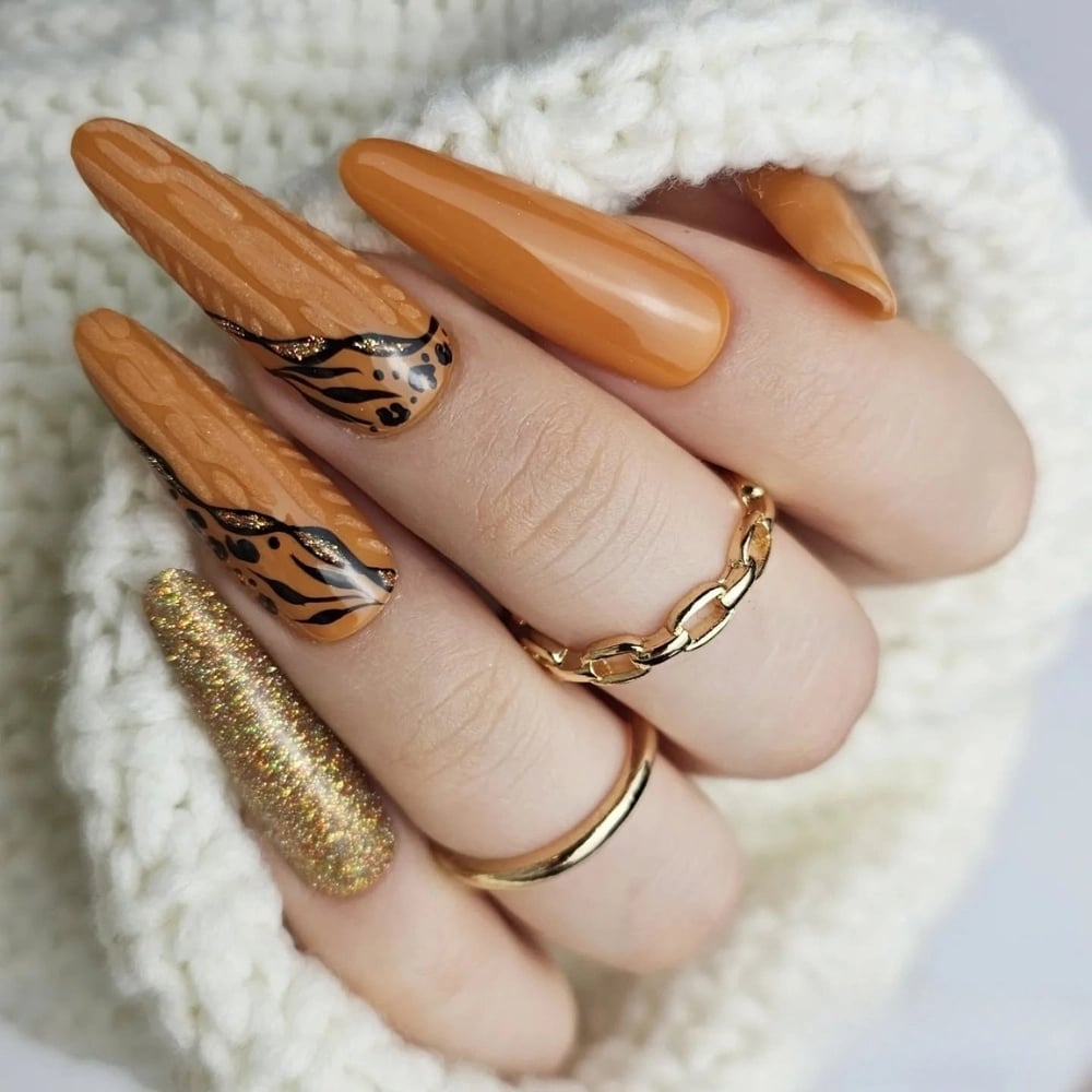 Long Stiletto Caramel Tiger Stripe French Glitter Nails — Caramel Nails