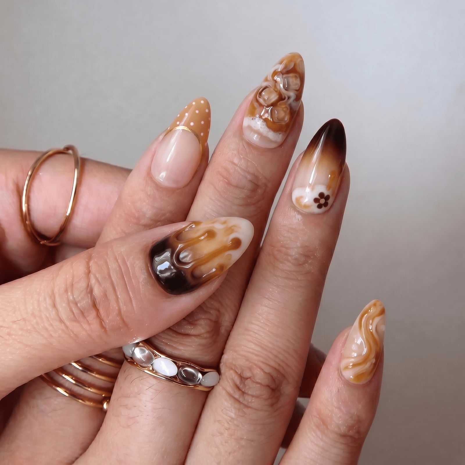 Long Stiletto Caramel Macchiato 3D Coffee Foam Nails — Caramel Nails