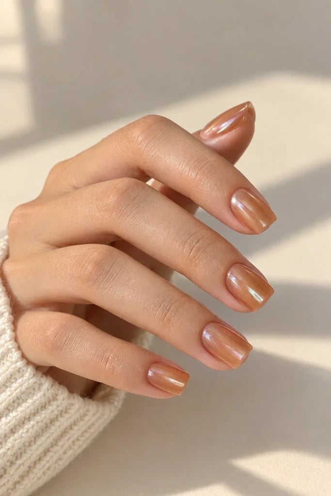 Short Square Uniform Medium Brown Glossy Nails — Caramel Nails