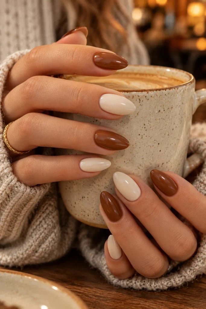 Medium Almond Caramel Cream Two Tone Nails — Caramel Nails