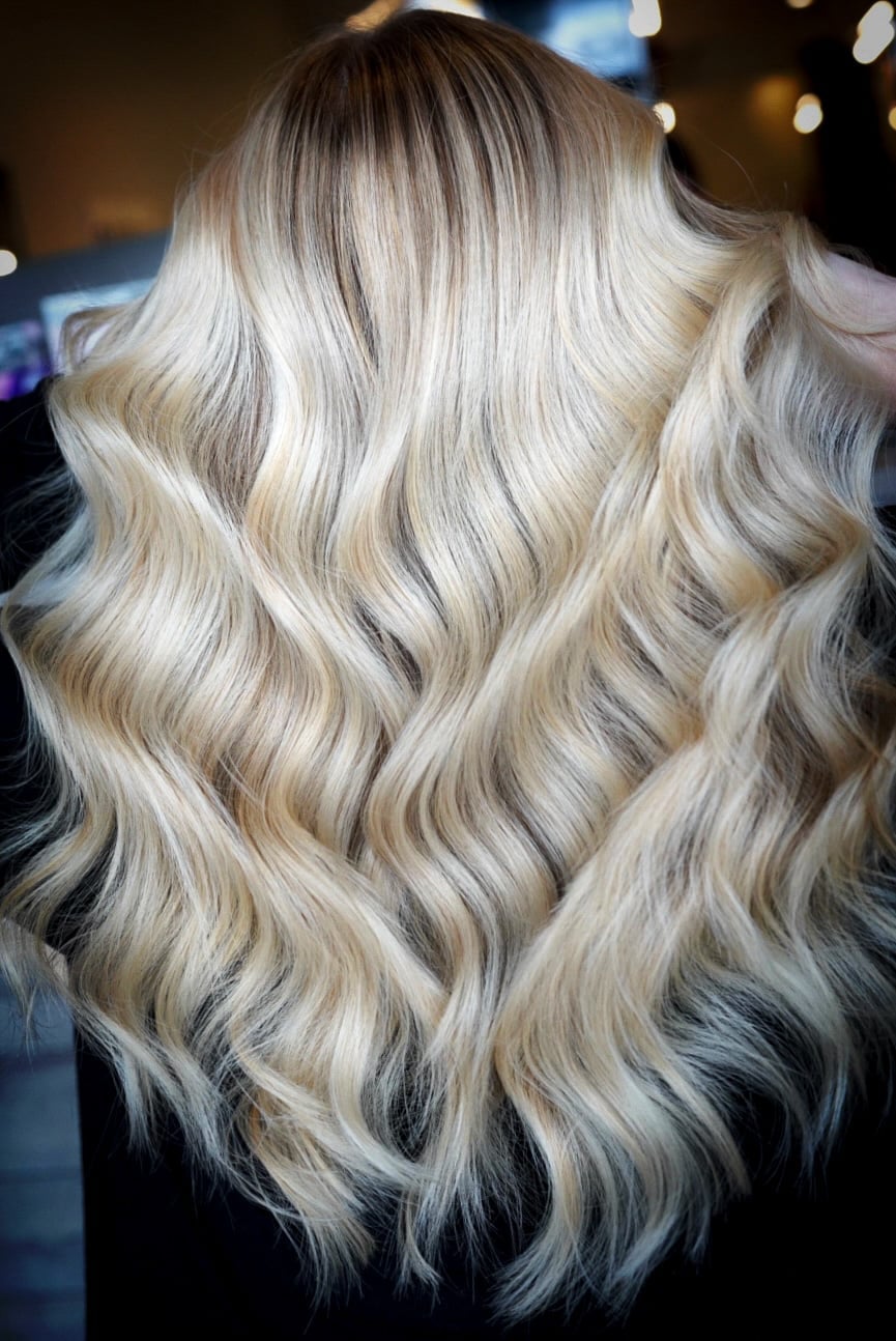 Mid-Back Champagne Blonde With Root Shadow, Wavy Blowout Mid-Back Champagne Blonde With Root Shadow, Wavy Blowout