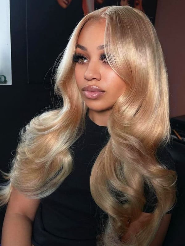 Mid-Back Champagne Blonde With Voluminous Waves, Curtain Bangs Mid-Back Champagne Blonde With Voluminous Waves, Curtain Bangs