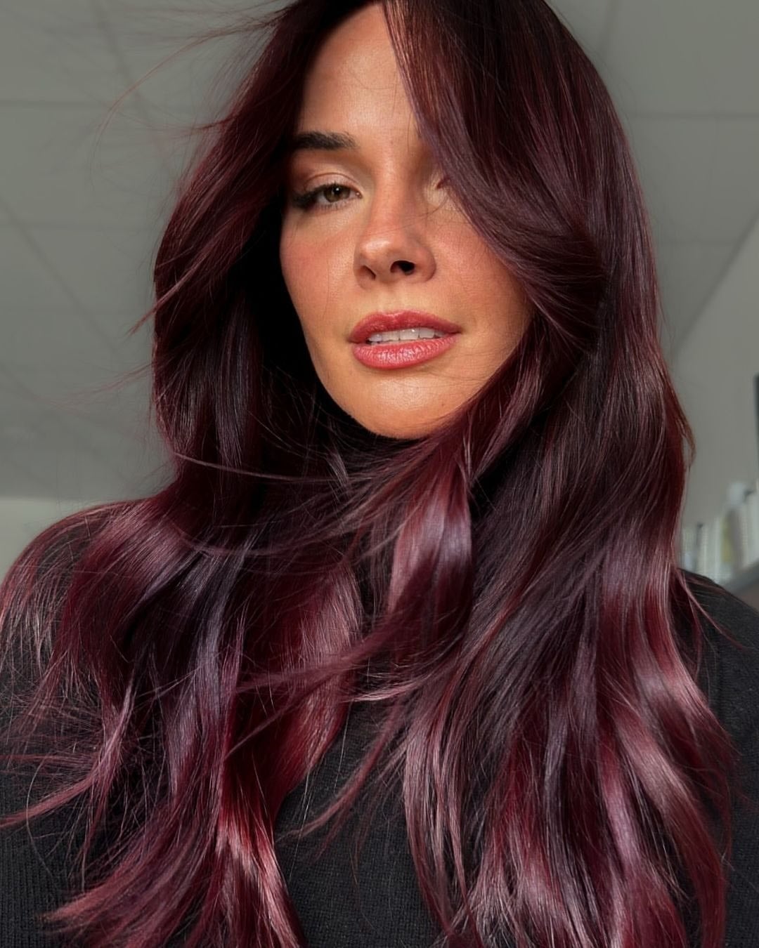 Mid-Back Length Long Layers In Deep Cherry Cola Mid-Back Length Long Layers In Deep Cherry Cola — Cherry Cola Hair