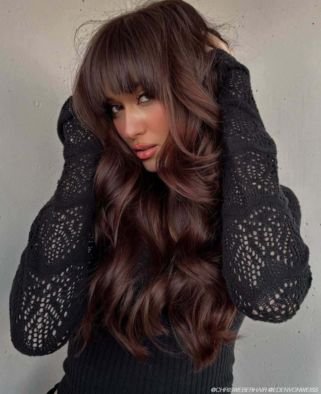 Long Thick Hair With Curtain Bangs In Deep Brown With Cherry Long Thick Hair With Curtain Bangs In Deep Brown With Cherry — Cherry Cola Hair