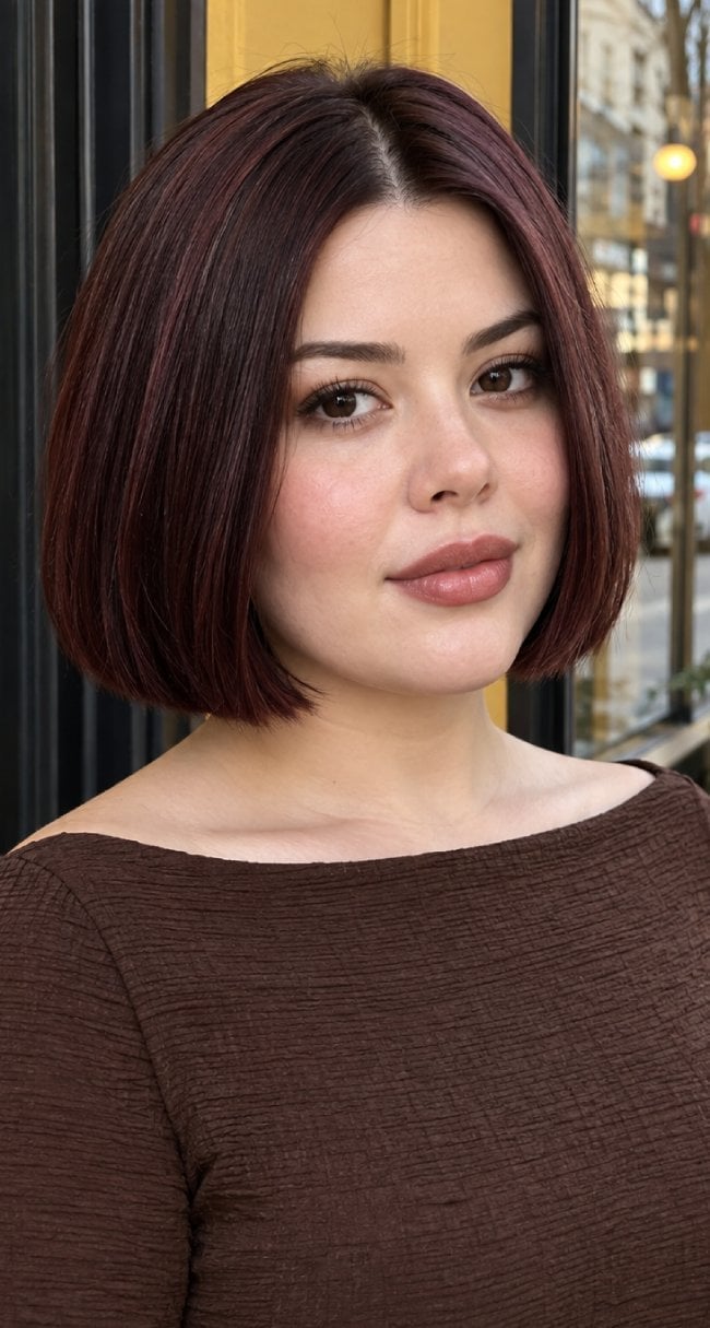 Chin Length Blunt Bob In Deep Burgundy Cherry Cola Chin Length Blunt Bob In Deep Burgundy Cherry Cola — Cherry Cola Hair