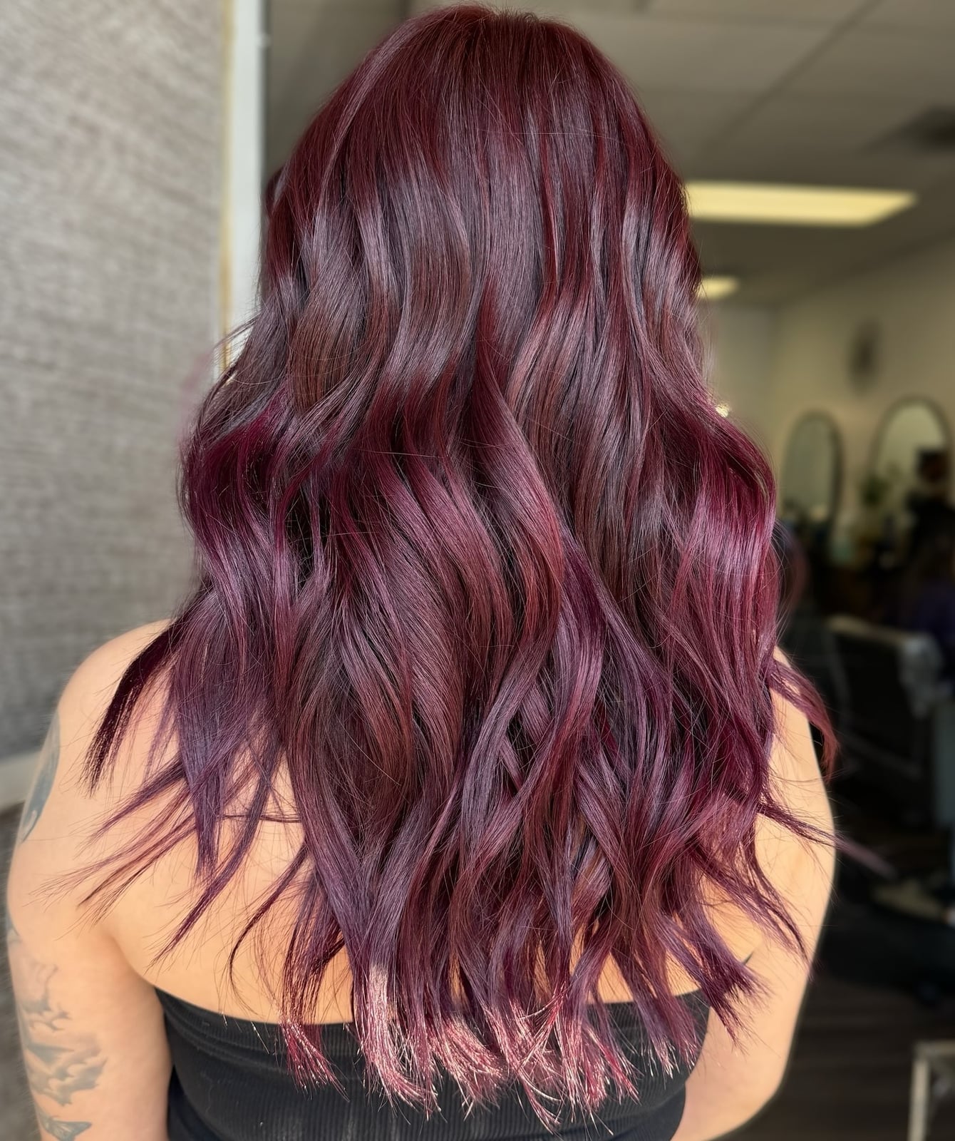 Shoulder Length Wavy Hair In Deep Cherry Red, Layers Shoulder Length Wavy Hair In Deep Cherry Red, Layers — Cherry Cola Hair
