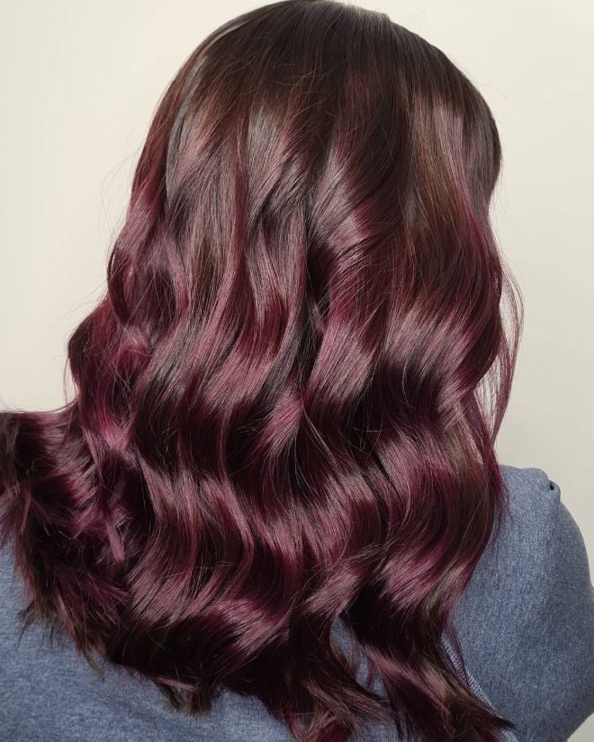 Mid-Back Wavy Hair In Deep Burgundy-Red With Brown Undertones Mid-Back Wavy Hair In Deep Burgundy-Red With Brown Undertones — Cherry Cola Hair