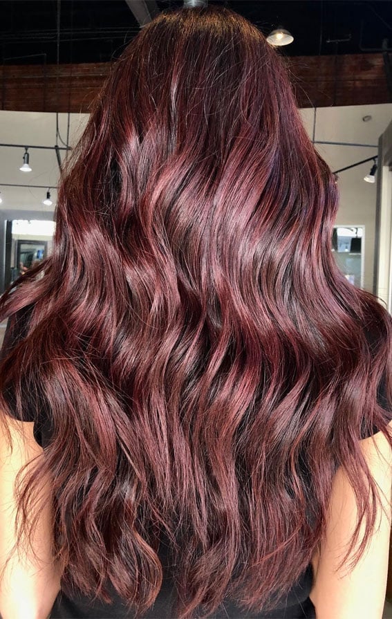Mid-Back Wavy Hair In Intense Deep Burgundy Red, Long Layers Mid-Back Wavy Hair In Intense Deep Burgundy Red, Long Layers — Cherry Cola Hair