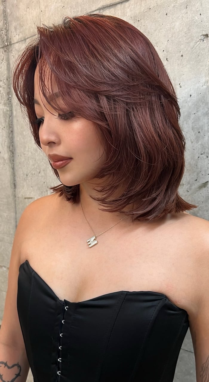 Collarbone Layered Lob With Face-Framing Layers Collarbone Layered Lob With Face-Framing Layers — Cherry Cola Hair