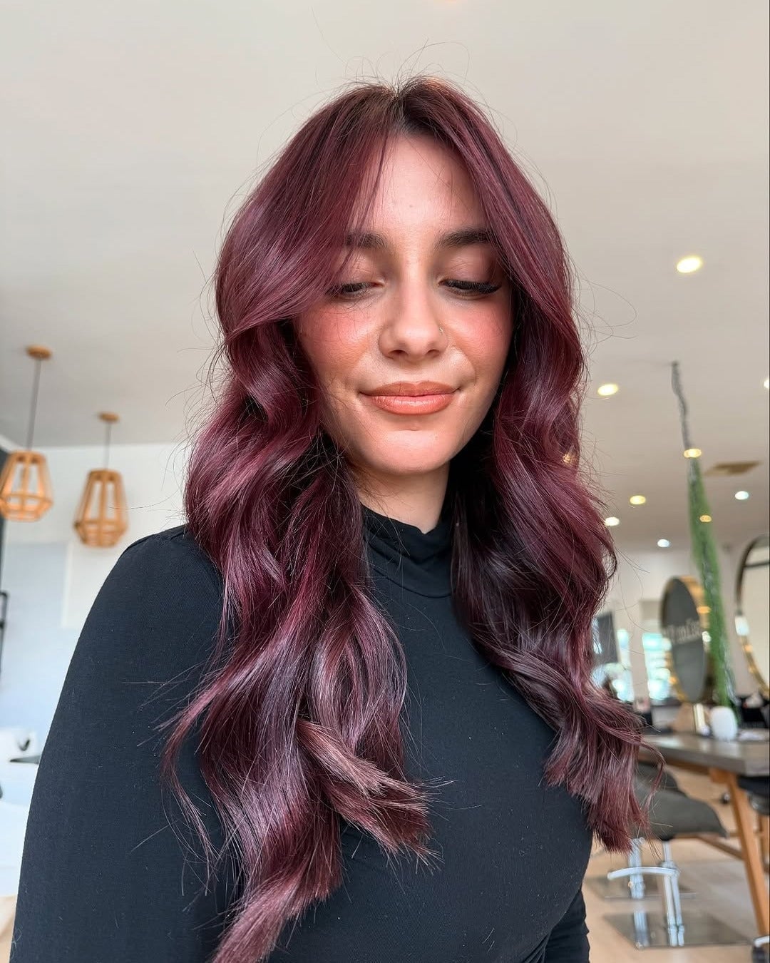 Mid-Back Layered Hair With Curtain Bangs, Middle Mid-Back Layered Hair With Curtain Bangs, Middle — Cherry Cola Hair