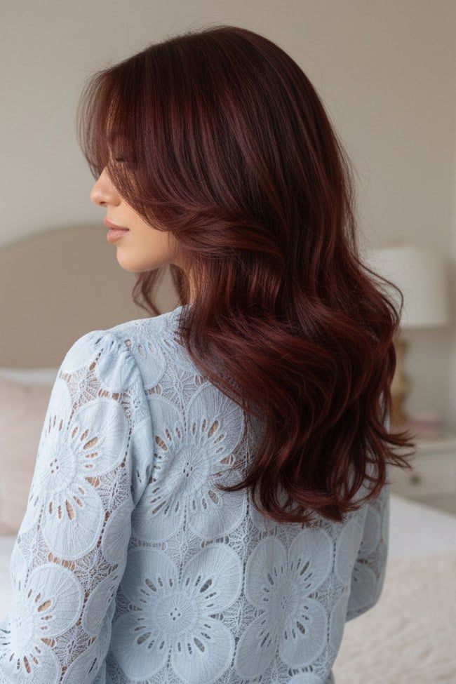 Mid-Back Wavy Hair With Curtain Bangs And Dimension, Long Layers Mid-Back Wavy Hair With Curtain Bangs And Dimension, Long Layers — Cherry Cola Hair