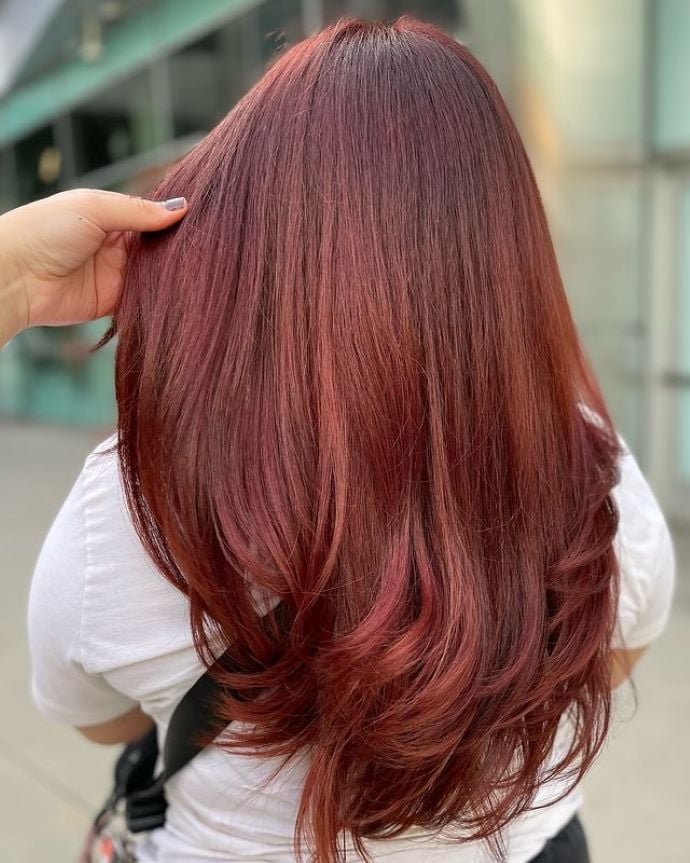Mid-Back Layered Hair In Deep Cherry Red, Wavy Mid-Back Layered Hair In Deep Cherry Red, Wavy — Cherry Cola Hair