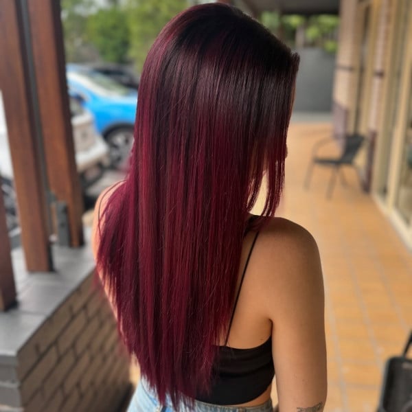 Mid-Back Straight Thick Hair In Uniform Deep Cherry Red, Close-Up Take Mid-Back Straight Thick Hair In Uniform Deep Cherry Red, Close-Up Take — Cherry Cola Hair