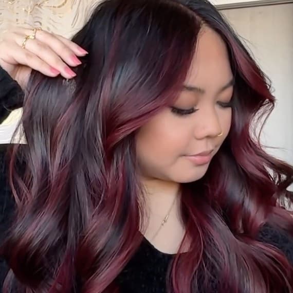 Mid-Back Wavy Dark Base With Cherry Red Highlights Mid-Back Wavy Dark Base With Cherry Red Highlights — Cherry Cola Hair